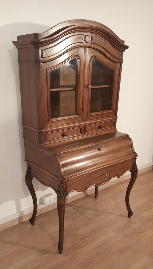 Antique sideboard/desk with curved glass doors and solid oak cabriole legs, restored in the 19th century