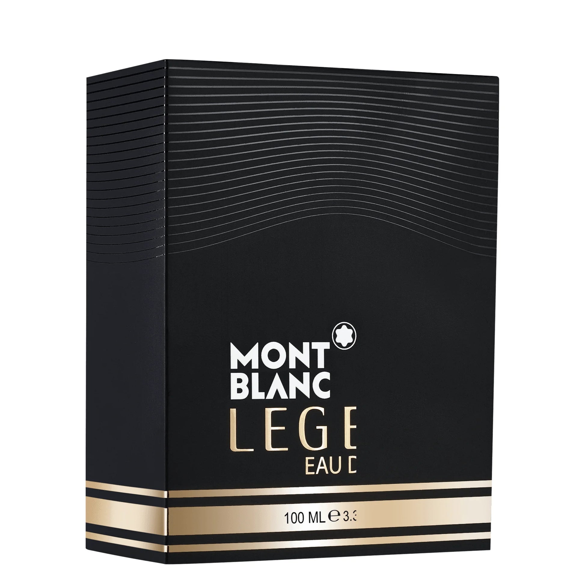 Rectangular black box with horizontal gold stripes and white and gold lettering for Montblanc Legend Eau de Parfum 100ml, refinement for the active man.