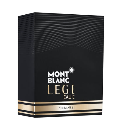 Rectangular black box with horizontal gold stripes and white and gold lettering for Montblanc Legend Eau de Parfum 100ml, refinement for the active man.
