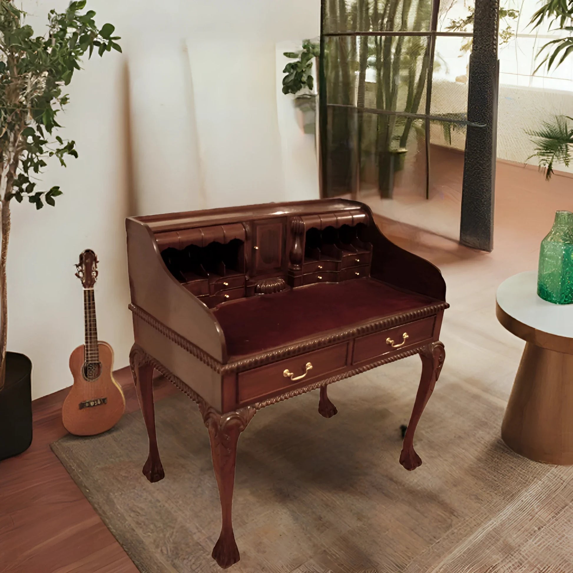 Antique English Chippendale style office desk with walnut secretaire and arched legs