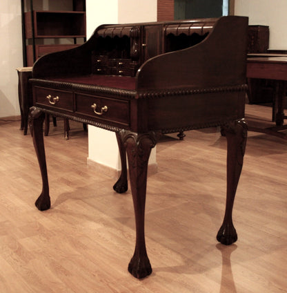 Ornate English Chippendale style office desk with arched legs and walnut eco-leather secretaire