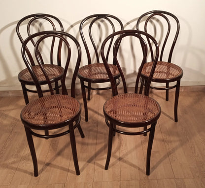 Set of 5 Thonet Drava style chairs with woven cane seats, 21st century