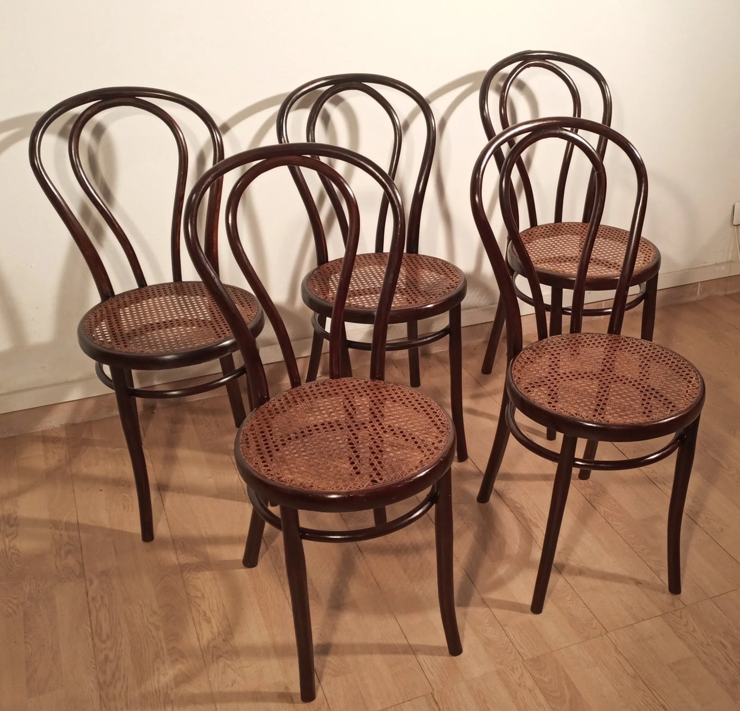 Set of five Thonet Drava style chairs with Vienna straw seats made of bentwood from the 20th century
