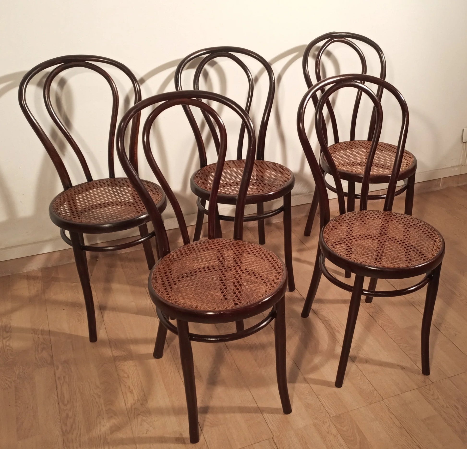 Set of five Thonet Drava style chairs with Vienna straw seats made of bentwood from the 20th century