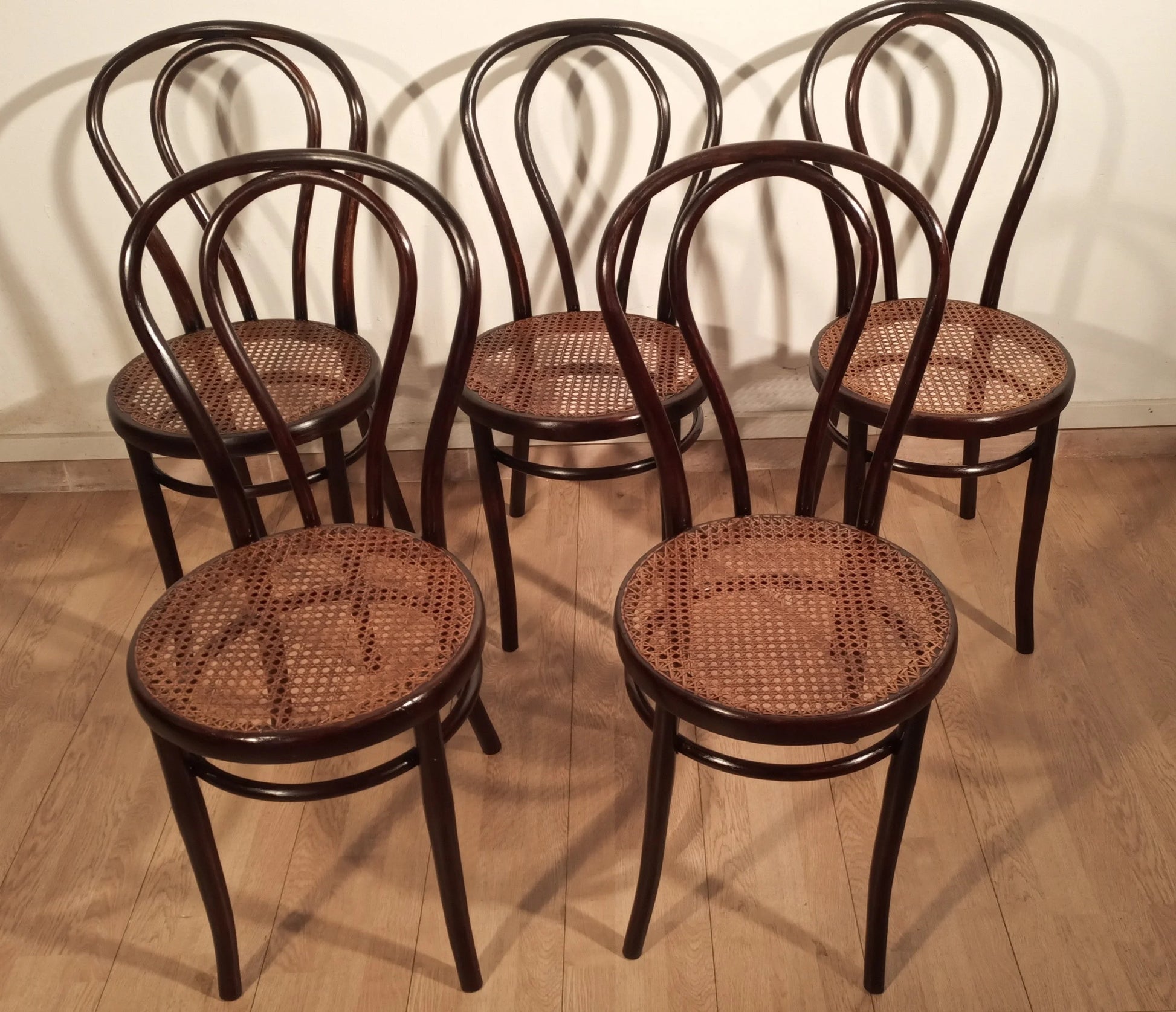 Set of five Thonet Drava style chairs with woven straw seat in bentwood, 21st century