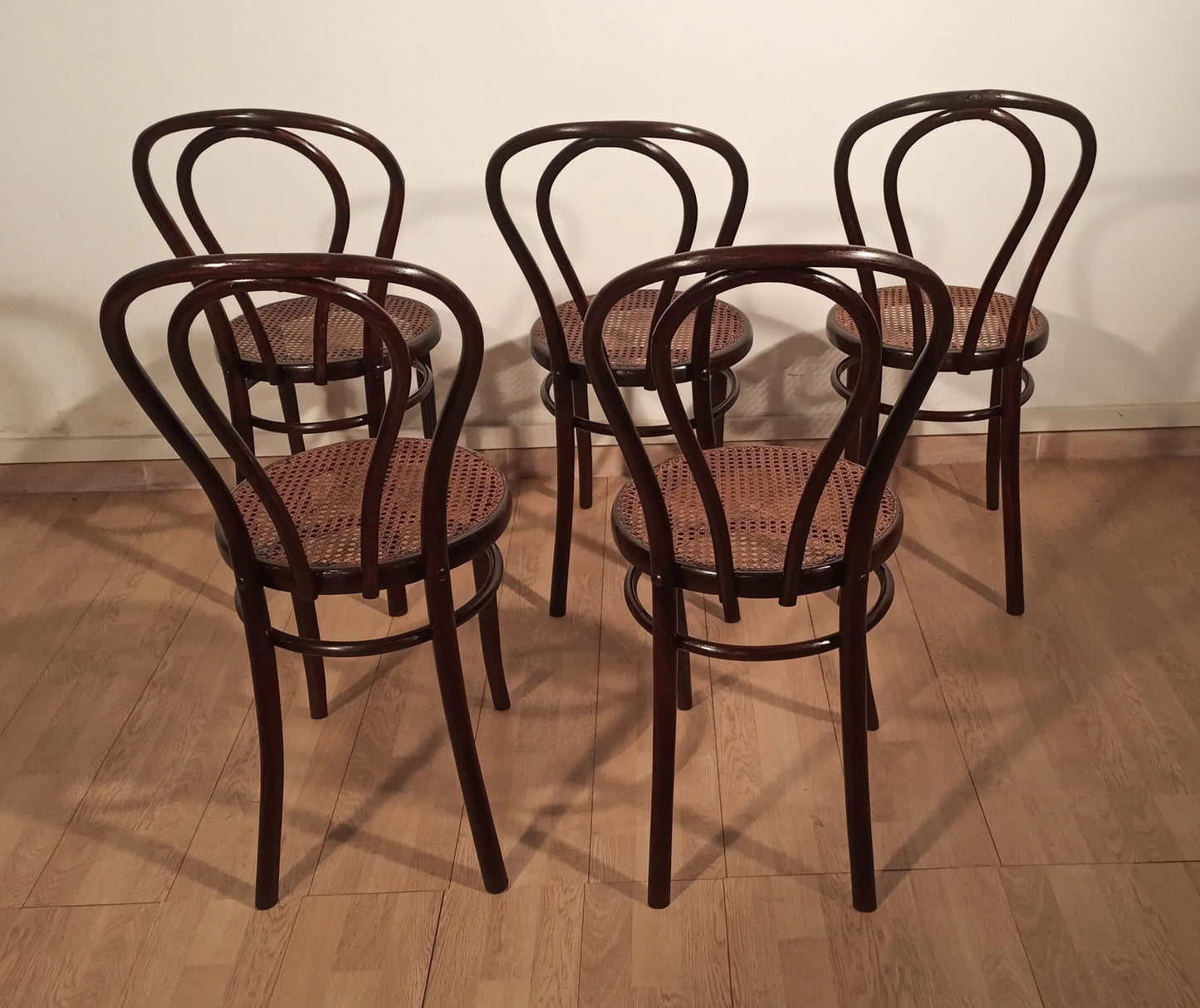 Set of five Thonet Drava style chairs in dark wood with curved backs and cannage seats