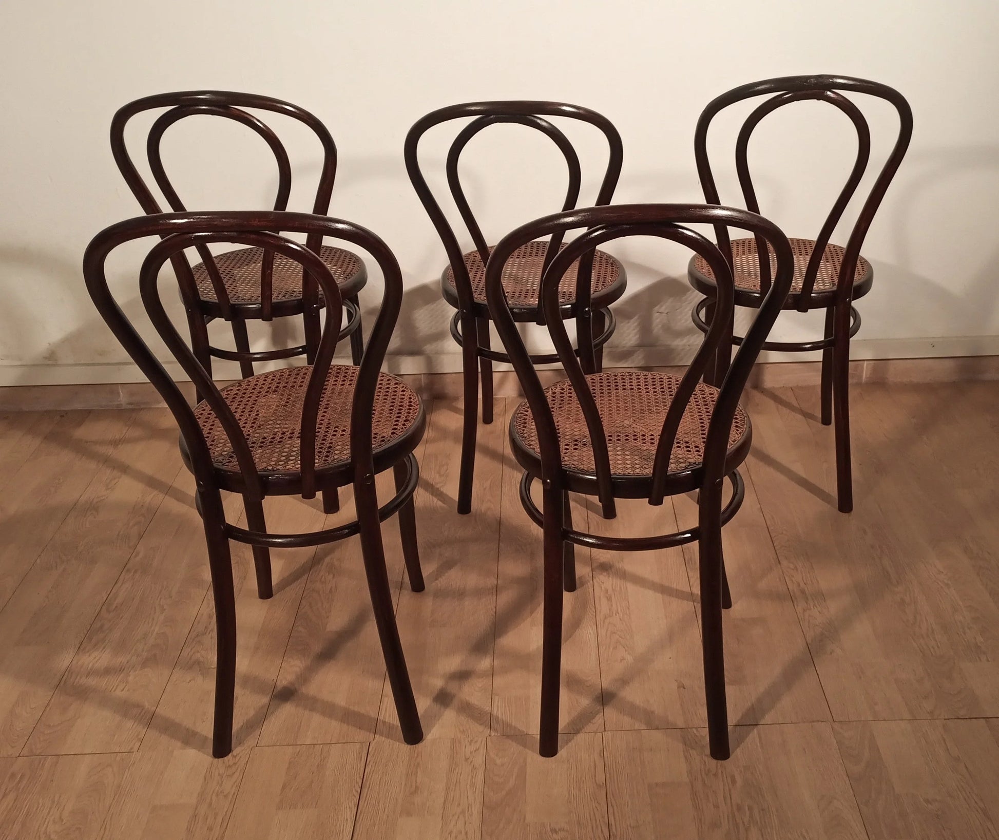 Set of five Thonet Drava style chairs in dark wood with curved backs and cannage seats
