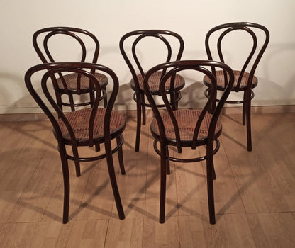 Set of five Thonet Drava style chairs in dark wood with curved backs and cannage seats