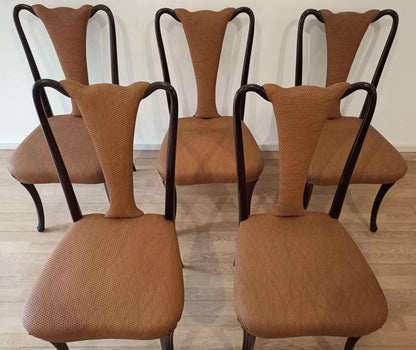 Cinque sedie pranzo vintage con rivestimento marrone e struttura in legno palissandro design anni 50 restaurate
