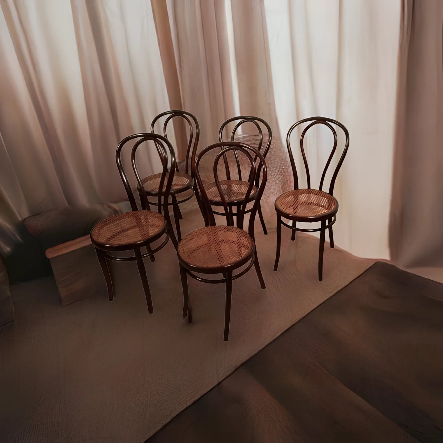 Set of six Thonet Drava style chairs with natural colored bentwood cinnamon seats