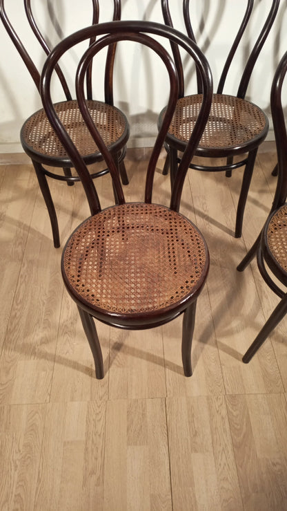 Thonet Drava style chairs, set of 5, with woven cane seat and round bentwood backrest.