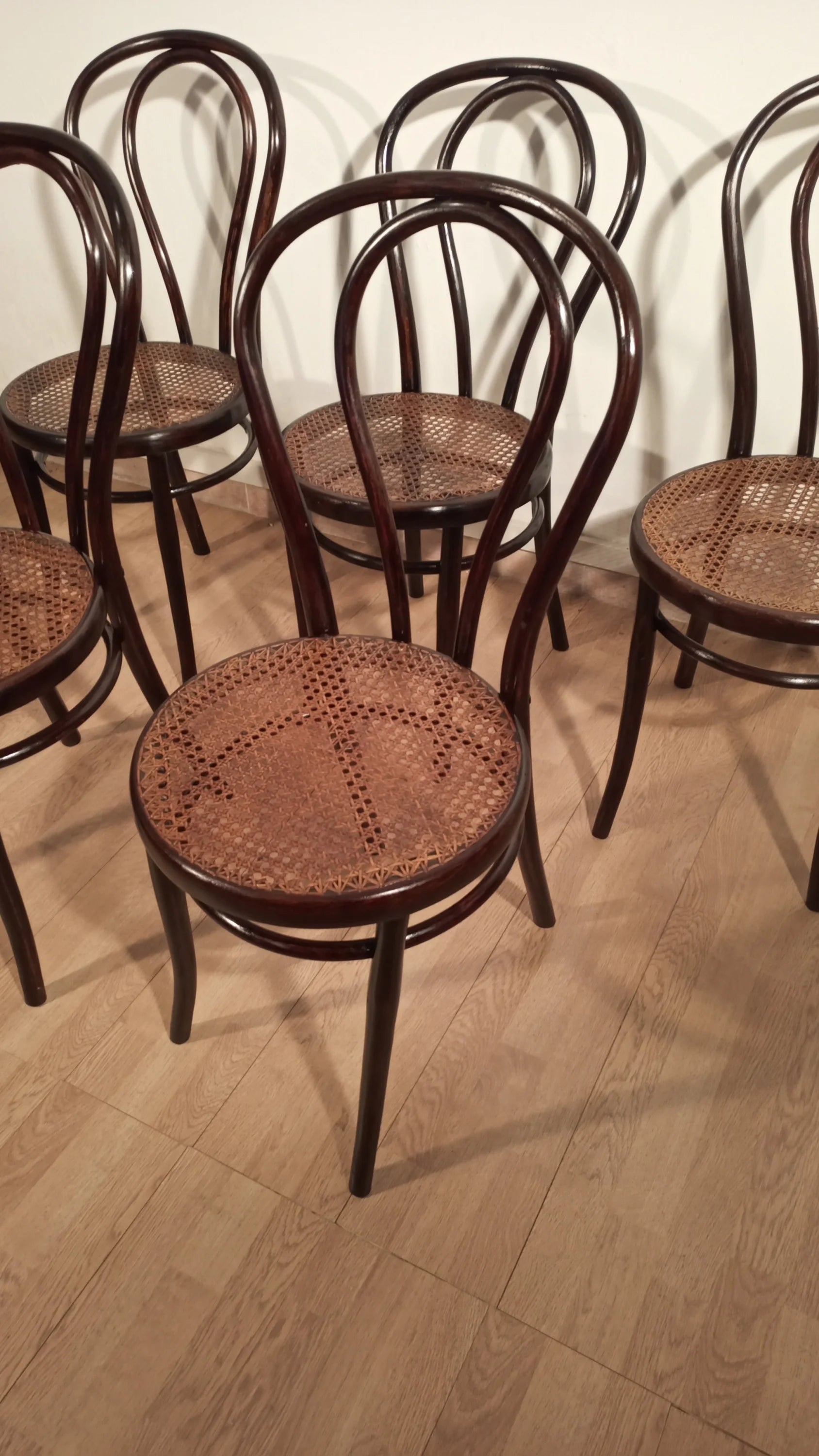 Set of 5 Thonet Drava style chairs with woven Vienna straw seats and bentwood frame