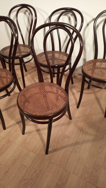Set of 5 Thonet Drava style chairs with woven Vienna straw seats and bentwood frame
