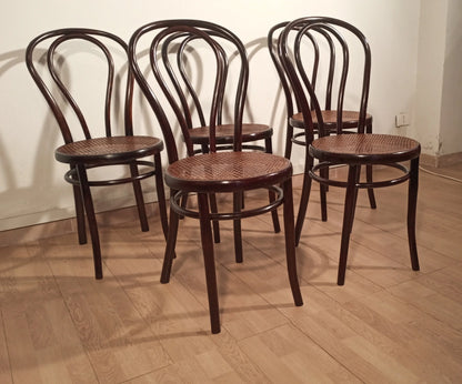 Four bentwood chairs Thonet style Drava with woven cane seats and curved backs set of 5
