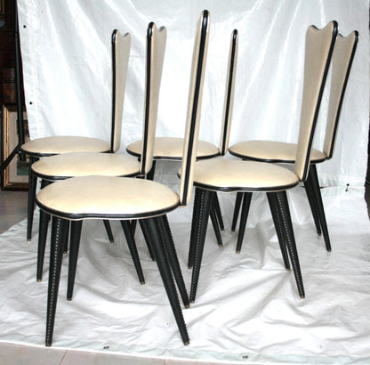 Set 6 sedie umberto mascagni anni 60 italia in ecopelle bianca con triangolo irregolare nero e crema