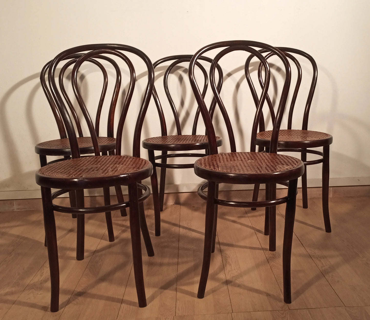 Set of five Thonet Drava style chairs with Vienna straw seat in bentwood