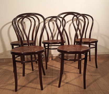 Set of five Thonet Drava style chairs with Vienna straw seat in bentwood