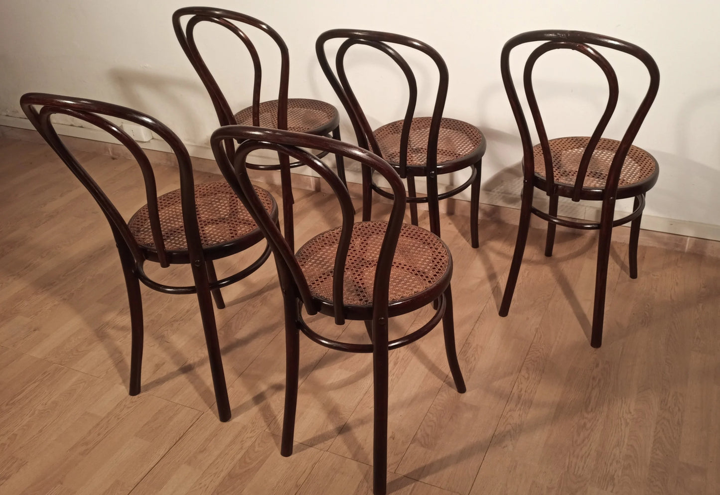 Set of 5 Thonet Drava style chairs with straw seats in 21st century vintage bentwood