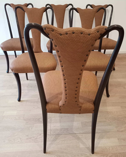 Set di 6 sedie pranzo vintage design mid century in palissandro con telaio nero curvo e imbottitura color tan
