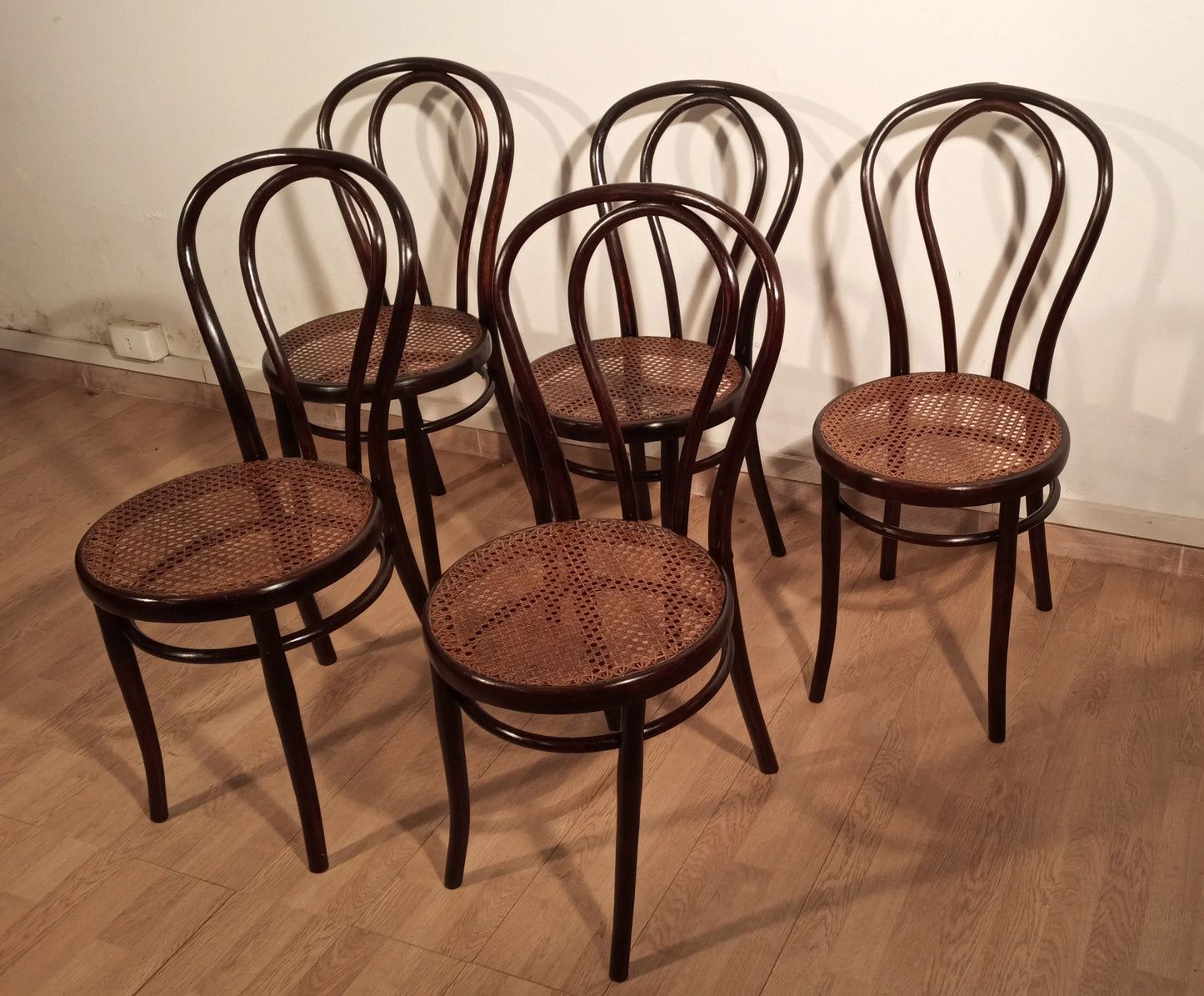 Set of five Thonet Drava style chairs with bentwood woven straw seats, model Drava dd Maribor