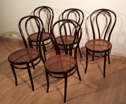 Set of five Thonet Drava style chairs with bentwood woven straw seats, model Drava dd Maribor