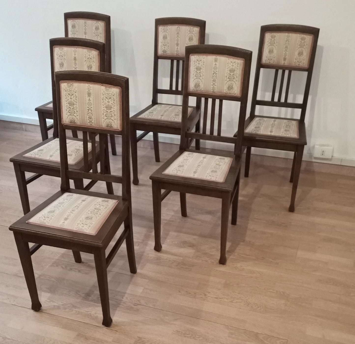 Set di sei sedie pranzo vintage in rovere massello con seduta e schienale in tessuto stile italiano