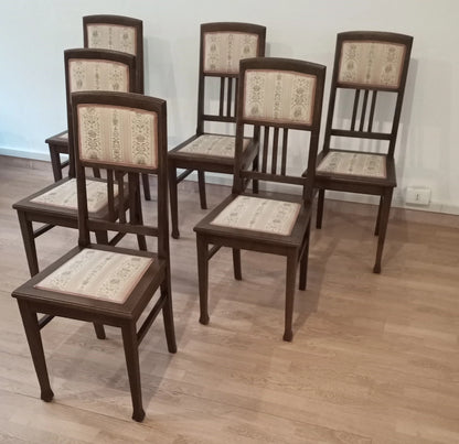 Set di sei sedie pranzo vintage in rovere massello con seduta e schienale in tessuto stile italiano