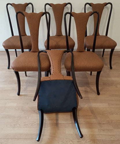 Set di sei sedie pranzo vintage con tappezzeria marrone e struttura nera in palissandro design anni 50 restaurate