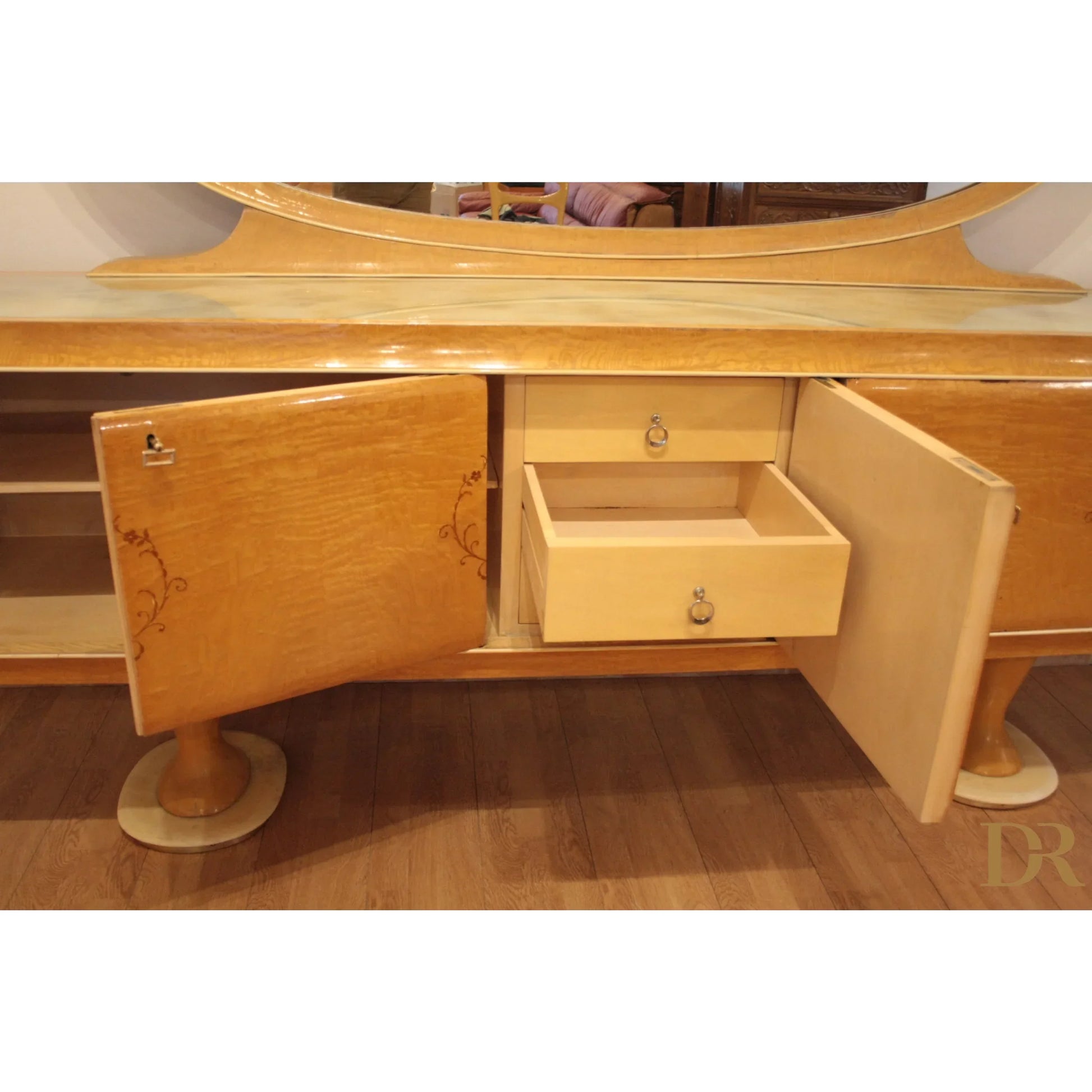 Wooden sideboard vittorio dassi anni 50 with open doors and drawers from dario raia antiquariato pranzo mid-century moderna