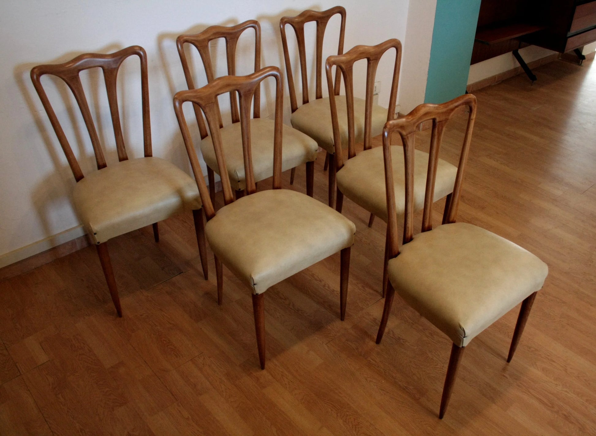 Sei sedie da pranzo in legno con seduta imbottita vittorio dassi pranzo mid-century moderna anni 50