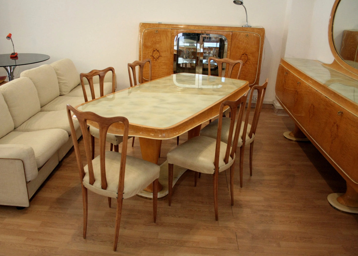 Tavolo da pranzo rettangolare vittorio dassi con sei sedie pranzo mid-century moderna dario raia antiquariato