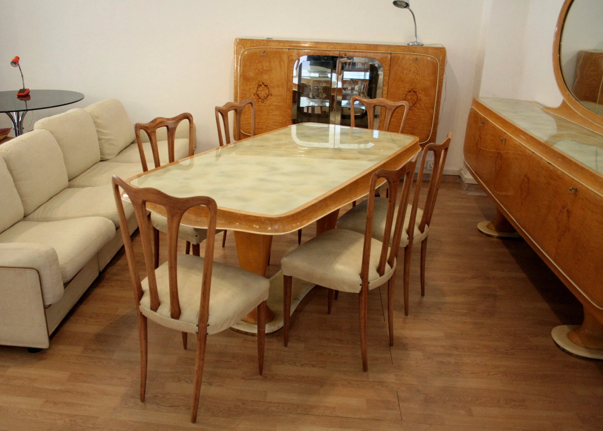 Tavolo da pranzo rettangolare vittorio dassi con sei sedie pranzo mid-century moderna dario raia antiquariato