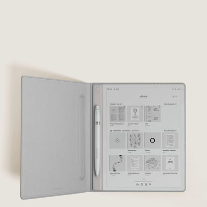 Grey leather tablet case with minimalist design and integrated white stylus Montblanc Digital Paper Silver