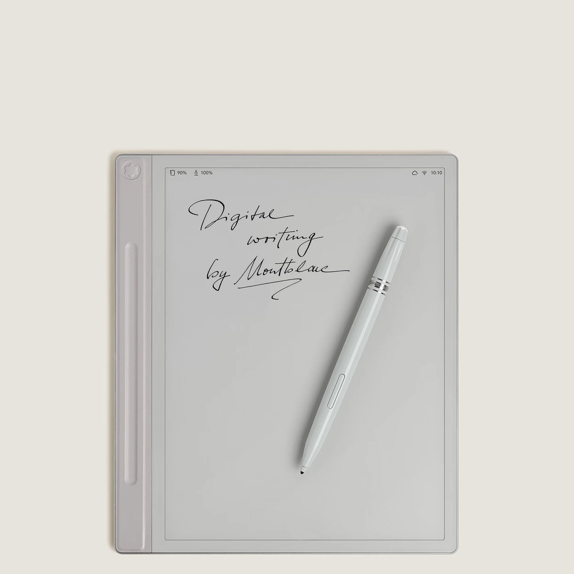 An elegant white Montblanc digital paper silver digital tablet with stylus and digital writing by Montblanc on the screen.