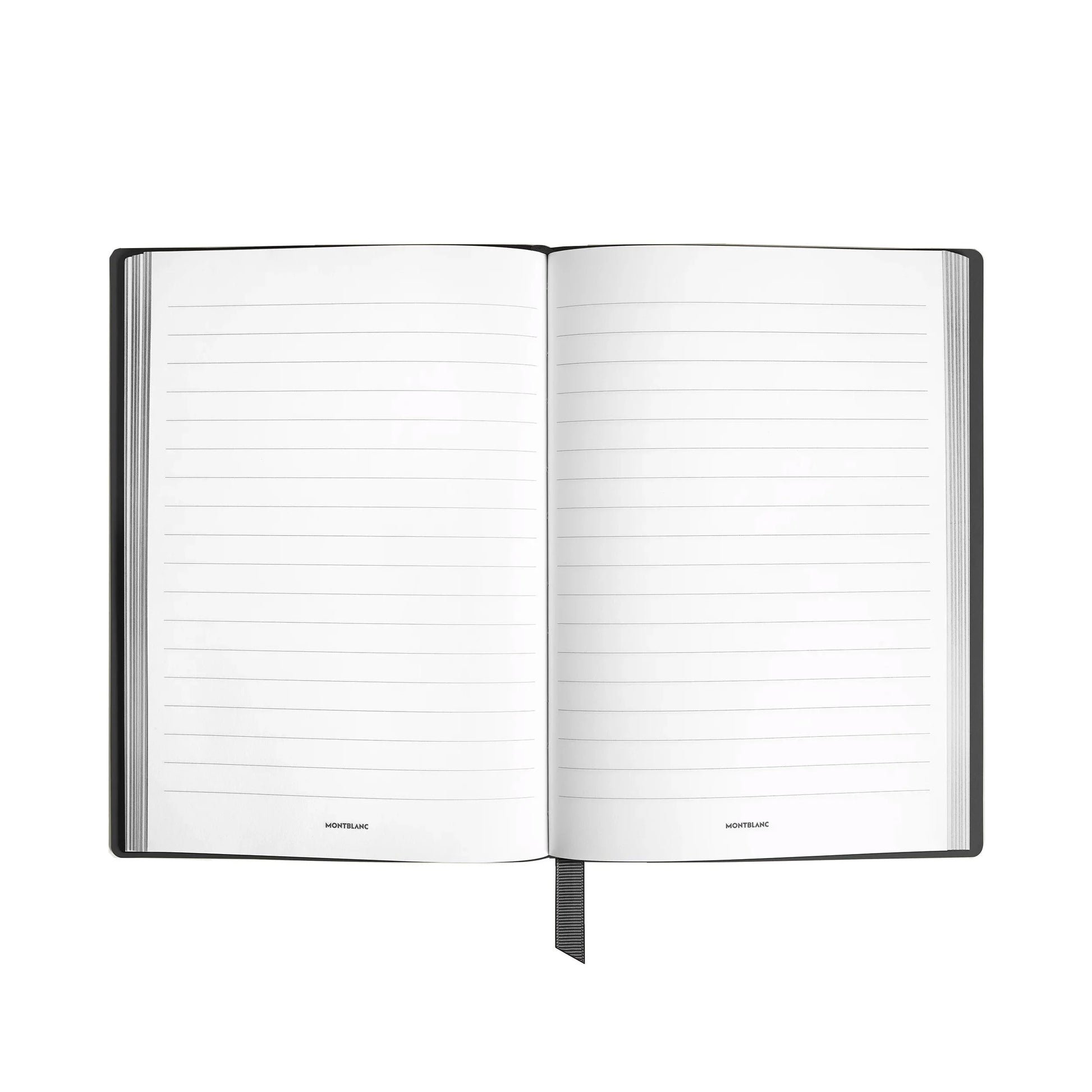 Montblanc #146 lined notebook in black leather with lined pages and elegant lime green multi-page bookmark