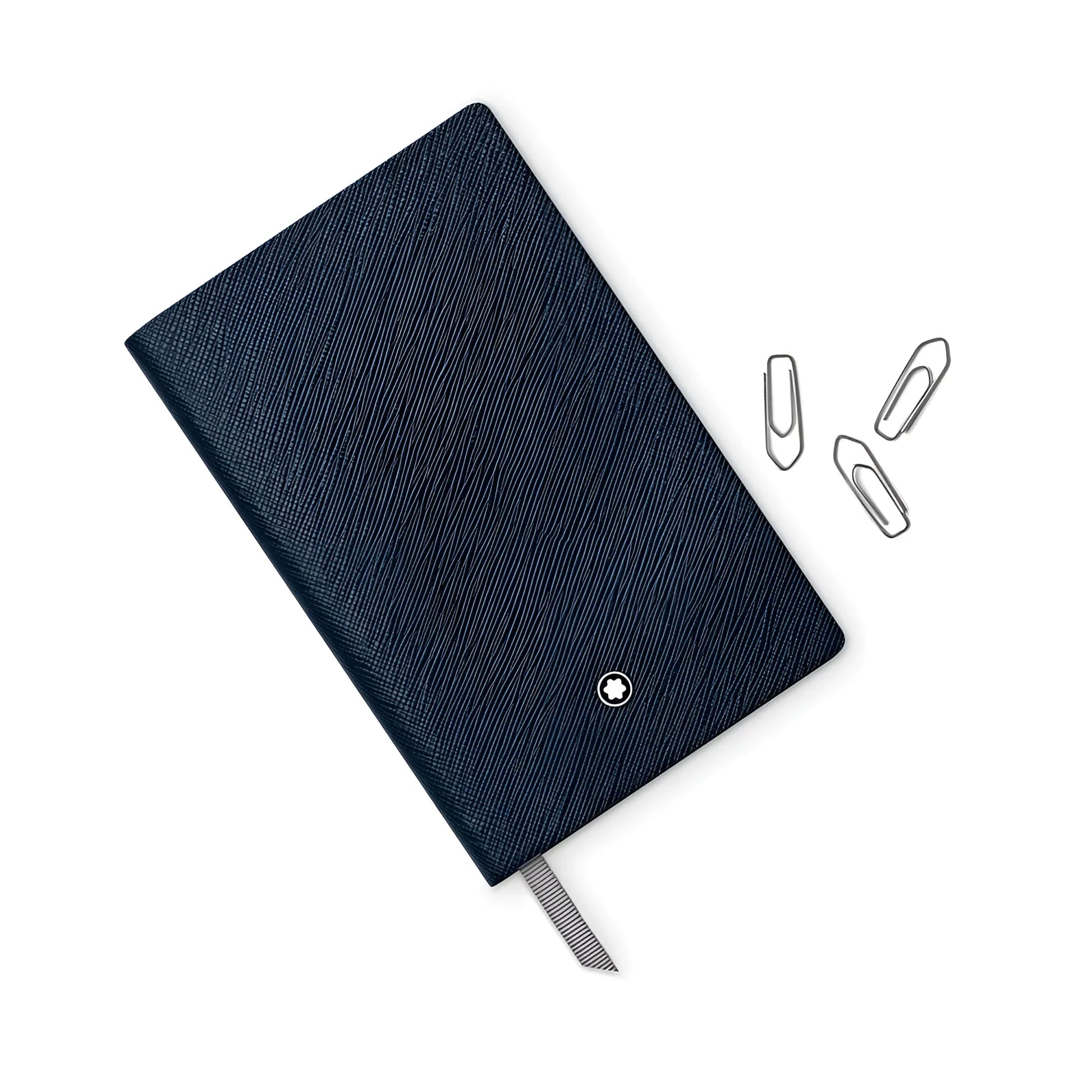 Montblanc blocco note notebook 148 a righe indigo in pelle blu scuro con logo montblanc impresso e segnalibro grigio