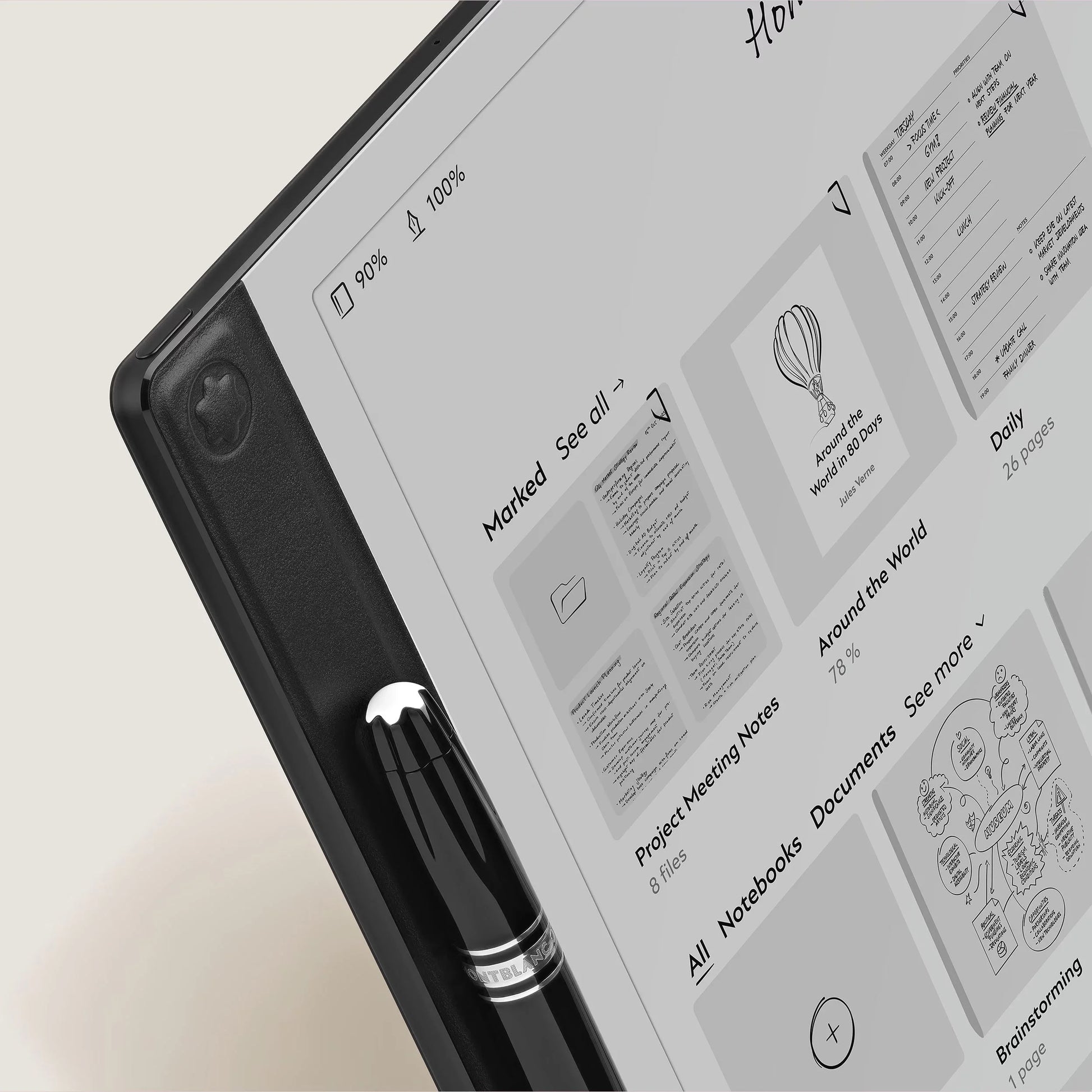 Montblanc digital paper black 135010 tablet with black leather case and integrated pen holder in minimalist design