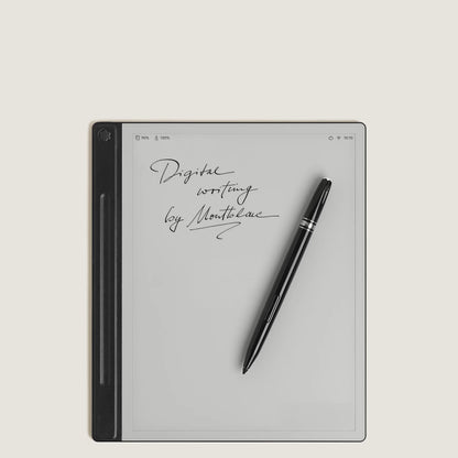 Montblanc digital paper black 135010 with black digital tablet and matching stylus showing elegant cursive writing