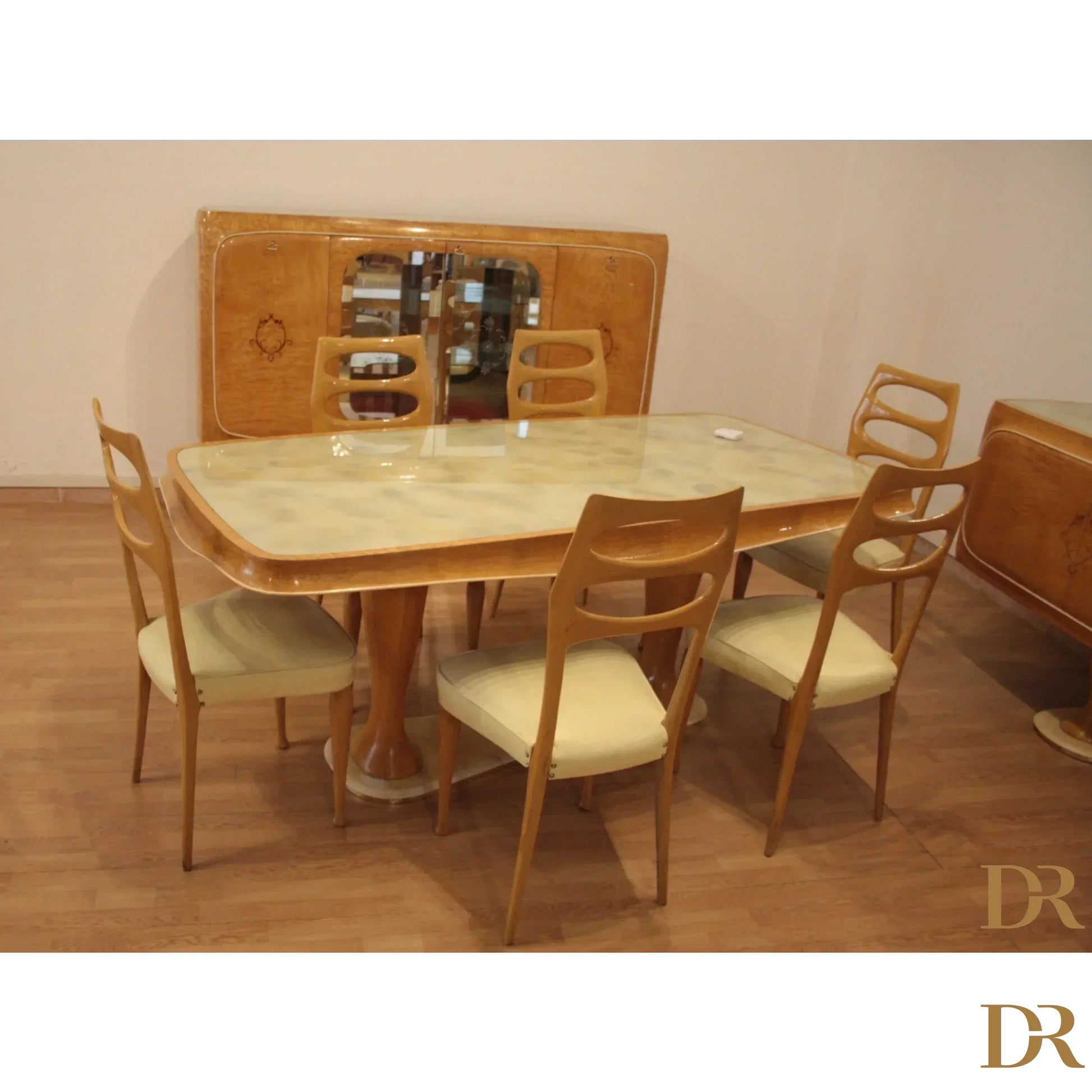 Vintage tavolo da pranzo mid-century moderno di vittorio dassi con sei sedie in legno anni 50 ideale per dario raia antiquariato