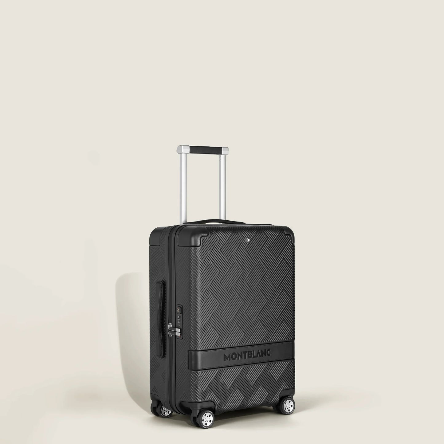 Montblanc MY4810 Extreme black hard shell trolley suitcase with herringbone pattern and silver telescopic handle