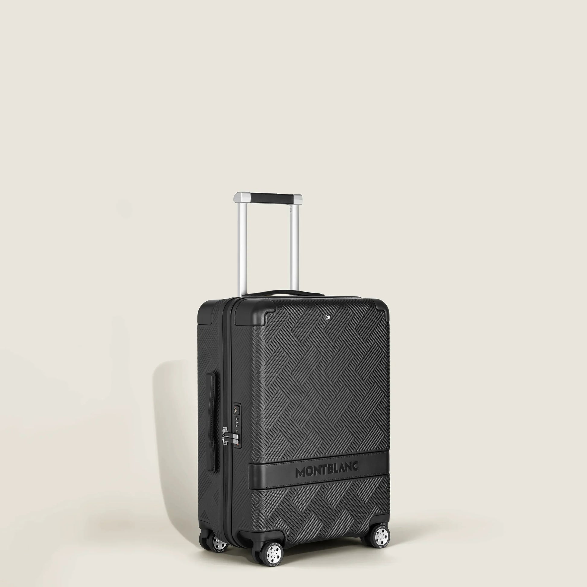 Montblanc MY4810 Extreme black hard shell trolley suitcase with herringbone pattern and silver telescopic handle