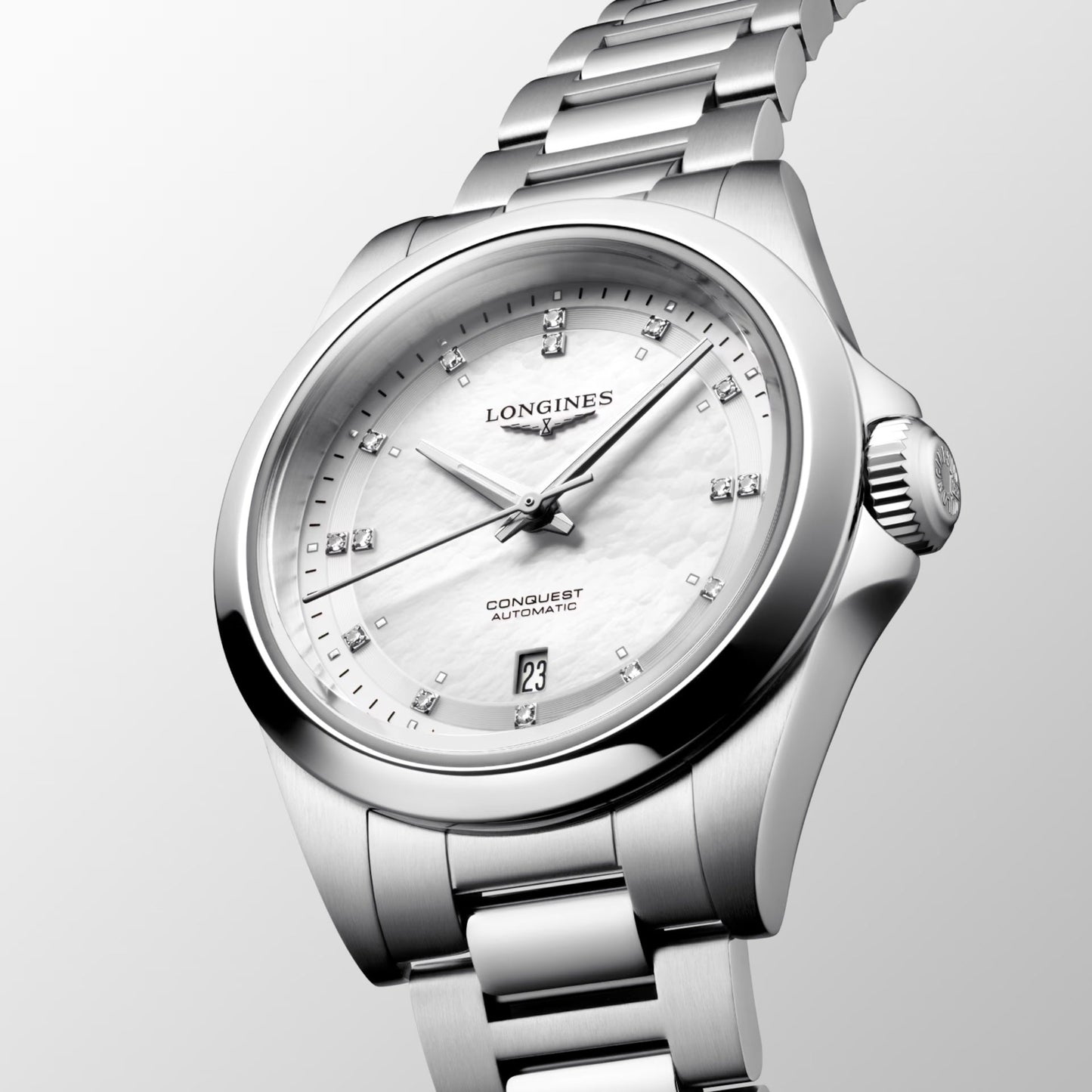 Longines Conquest 30mm Mother-of-Pearl Diamond Automatic Steel Watch L3.320.4.87.6
