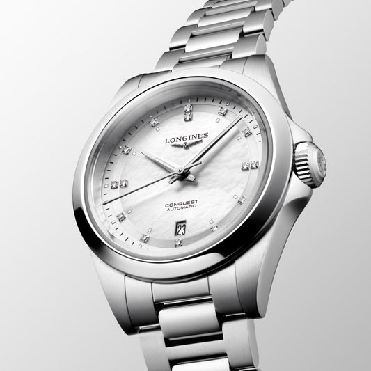 Longines Conquest 30mm Mother-of-Pearl Diamond Automatic Steel Watch L3.320.4.87.6