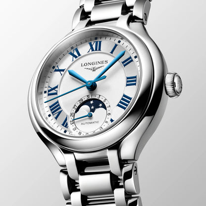 Longines Primaluna Moonphase 34mm silver automatic steel watch L8.126.4.71.6