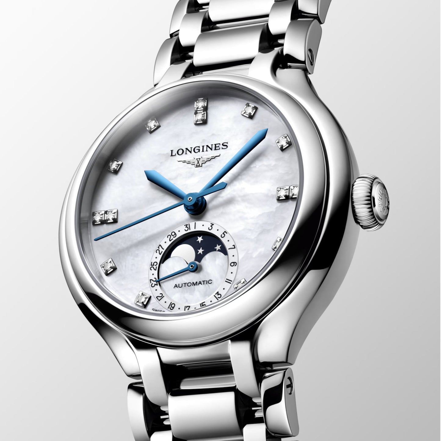 Longines Primaluna Moonphase Watch 34mm Mother-of-Pearl Diamonds Automatic Steel L8.126.4.87.6