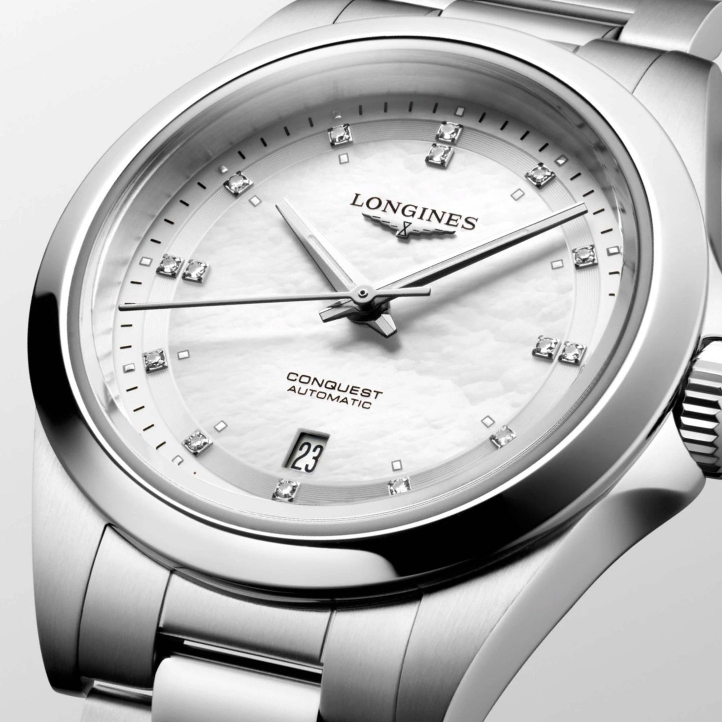 Longines Conquest 30mm Mother-of-Pearl Diamond Automatic Steel Watch L3.320.4.87.6
