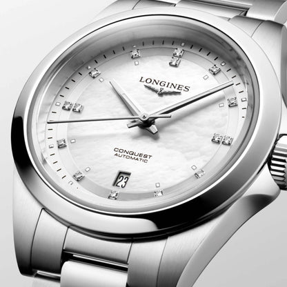 Longines Conquest 30mm Mother-of-Pearl Diamond Automatic Steel Watch L3.320.4.87.6