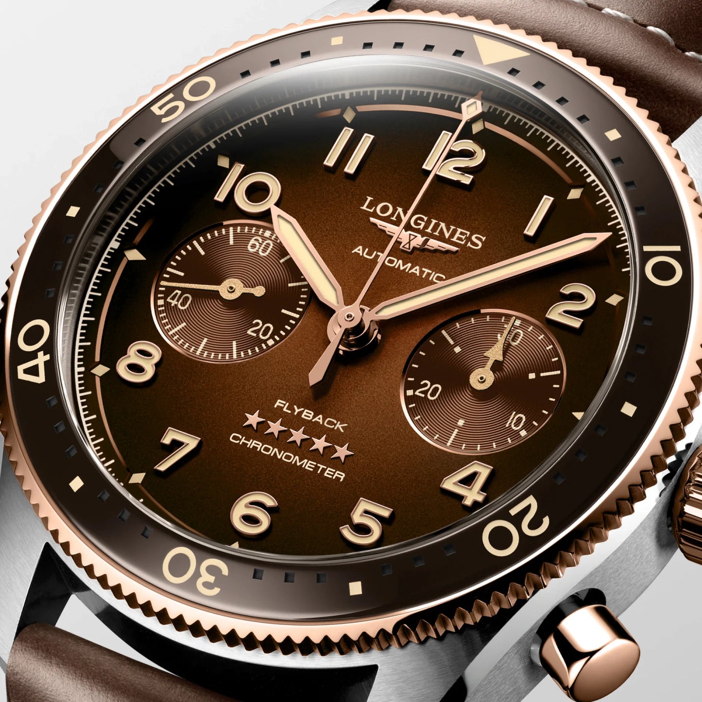 Longines Spirit Flyback 42mm brown automatic steel and 18kt rose gold watch L3.821.5.59.2