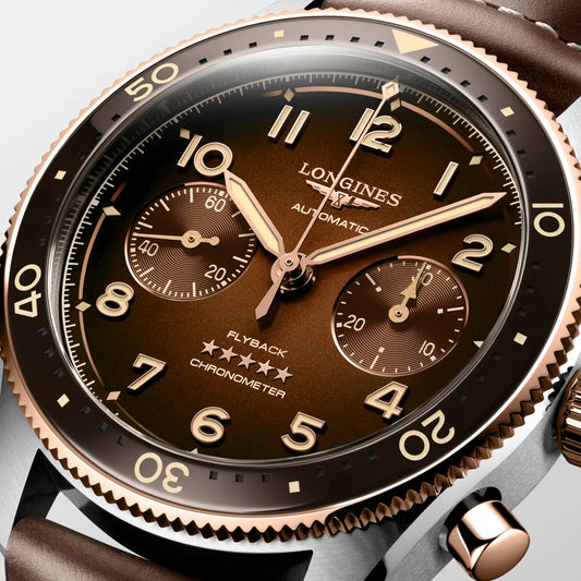 Longines Spirit Flyback 42mm brown automatic steel and 18kt rose gold watch L3.821.5.59.2